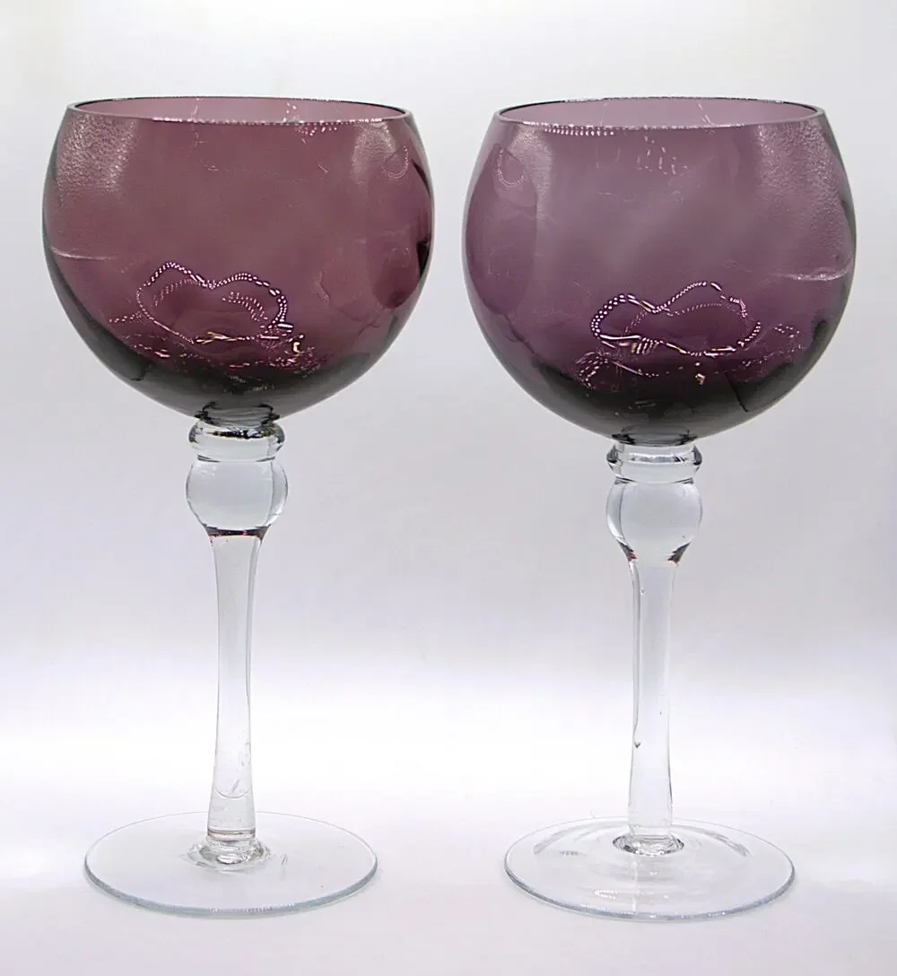 2 Pier 1 Imports Amethyst Purple Crystal Goblets Clear Stem 7.5” Wine Glasses